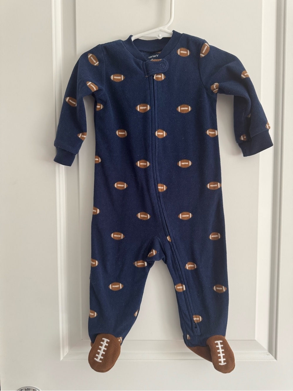 Carter's Navy Football-Print Zip Footed Fleece One-Piece